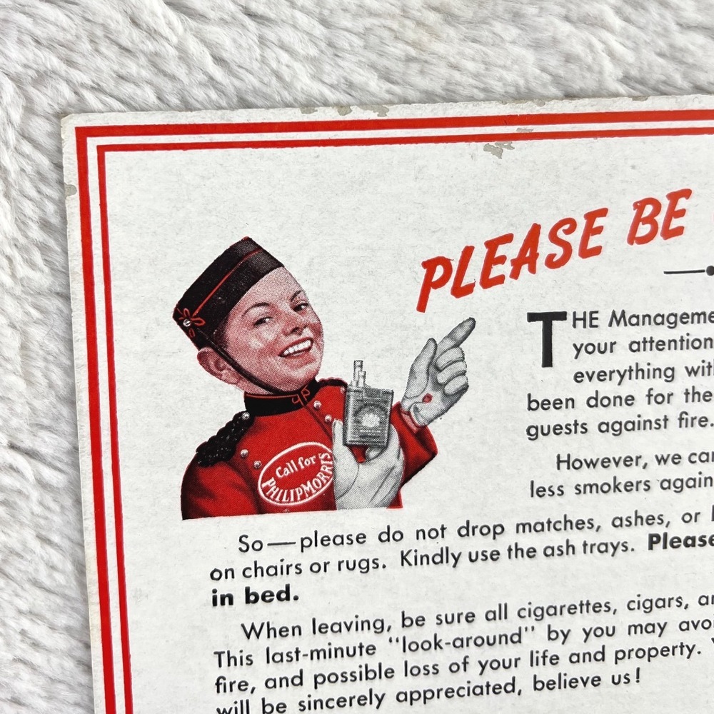 1940s Philip Morris Vintage Advertising 6" Card Hotel Fire Safety Cigarette - Picture 6 of 11